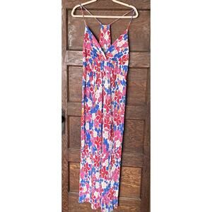 Vtg Style Up California White Blue Red Floral Mini Pleated Y Back Maxi Dress 70s